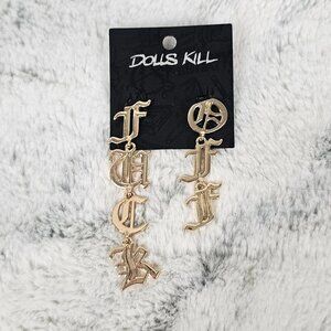 Dolls Kill Cat Caller Gold Asymmetrical Earrings Set F**k OFF Leave Me Alone